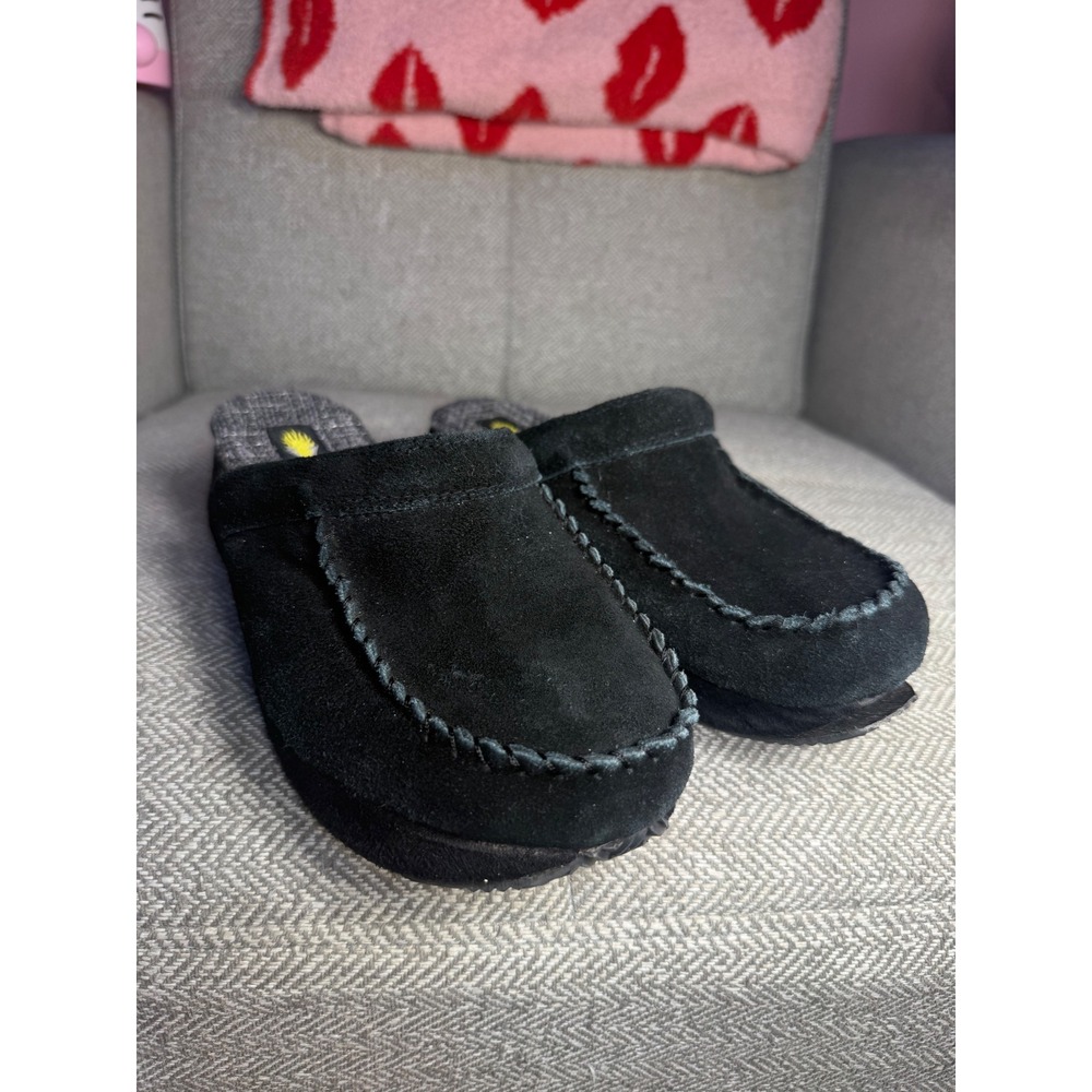 Volatile Black Suede Platform Clogs Whipstitch Mules Tweed Lining Womens 10